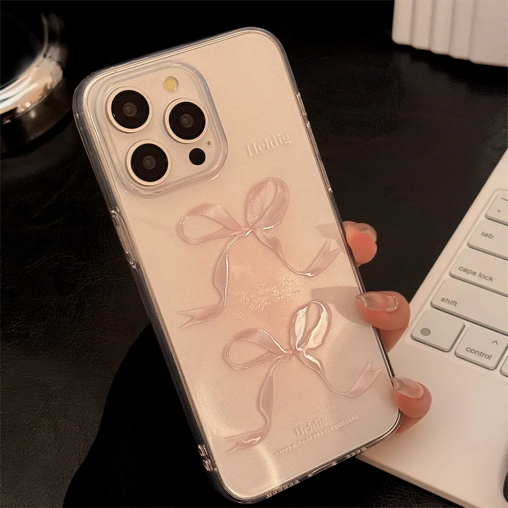 Cute Sweet Girl Pink Bow Phone Case For iPhone 16 15 14 13 12 11 Pro Max X XS XR 7 8 Plus Clear Soft Silicone Shockproof Cover