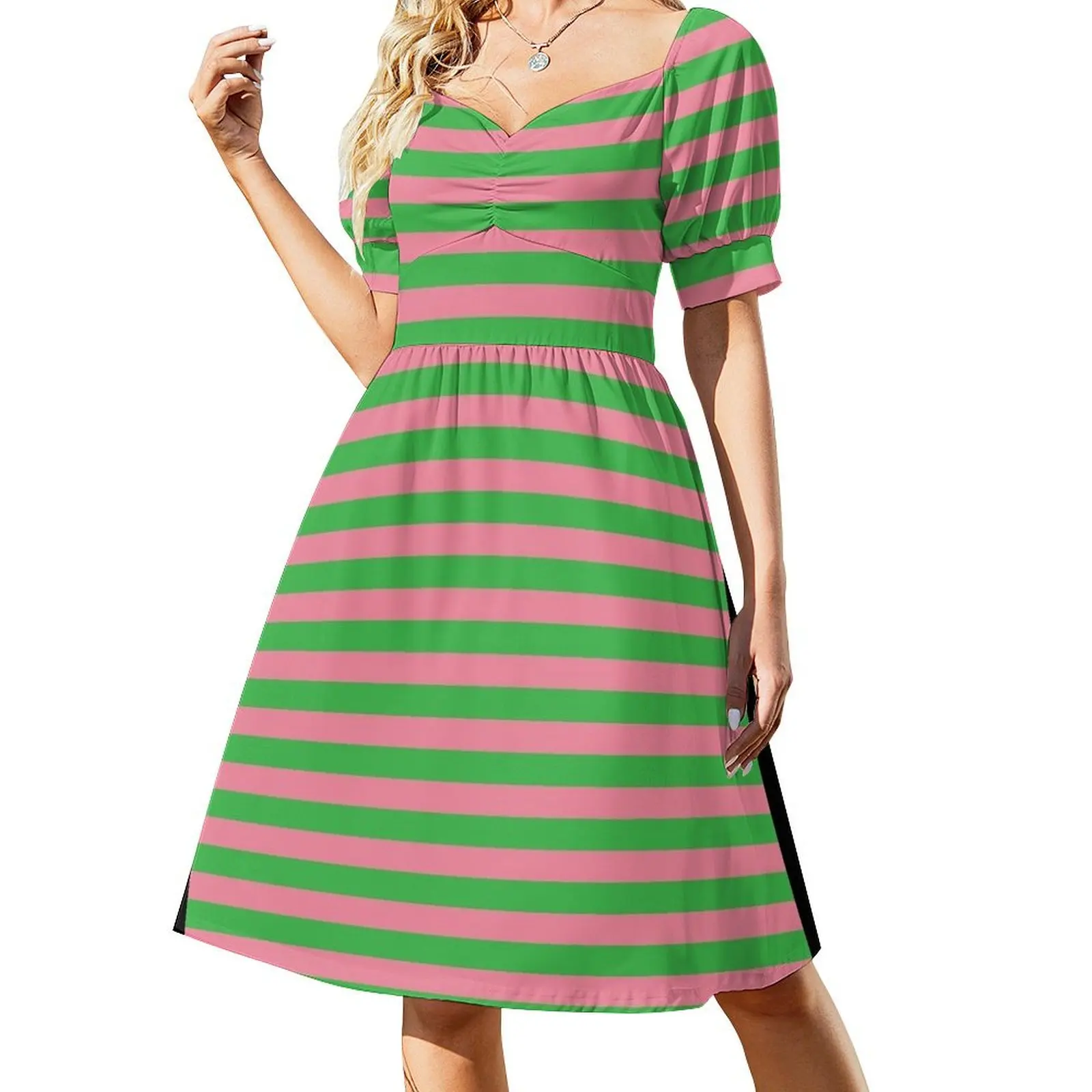 

Pink and Green Horizontal Stripes Short Sleeved Dress cute dress summer dress for women 2025 Female