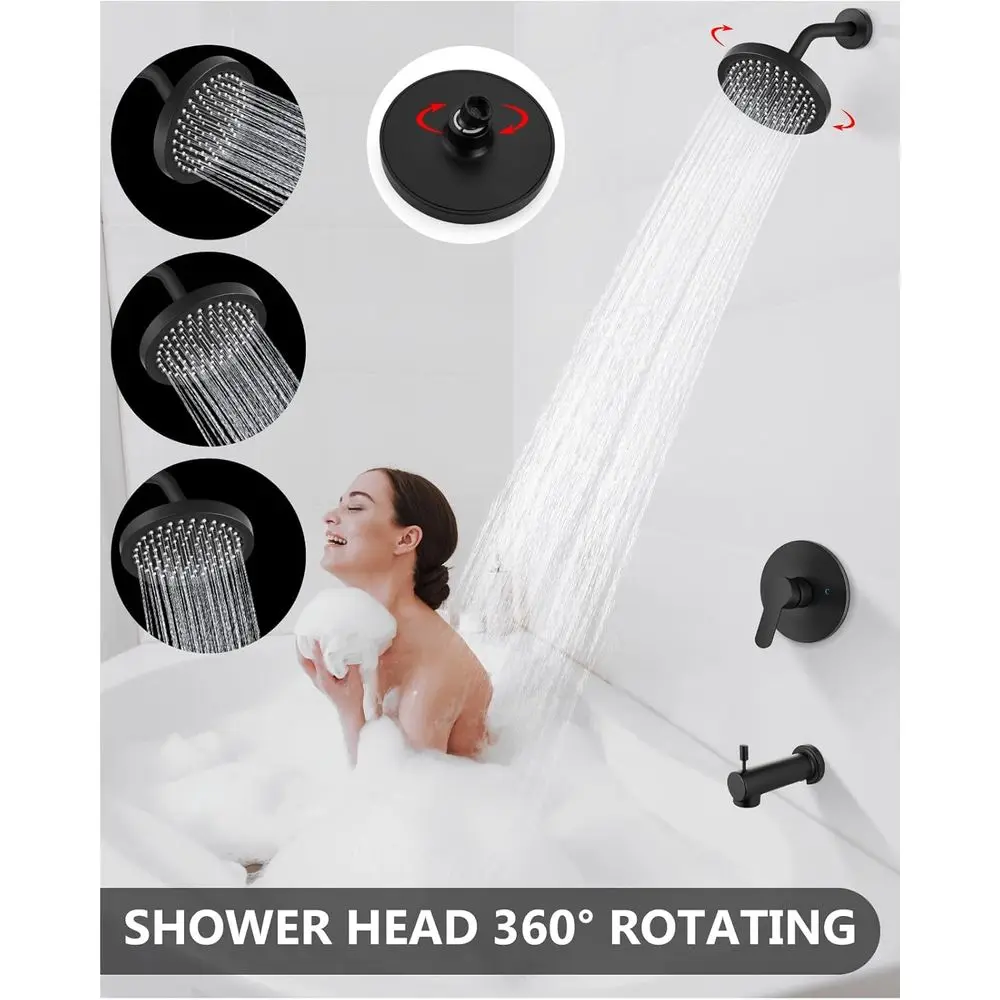 مجموعة صنبور دش حوض استحمام سوداء غير لامعة بمقبض واحد مع 6 رؤوس دش مطري وصنبور حوض استحمام