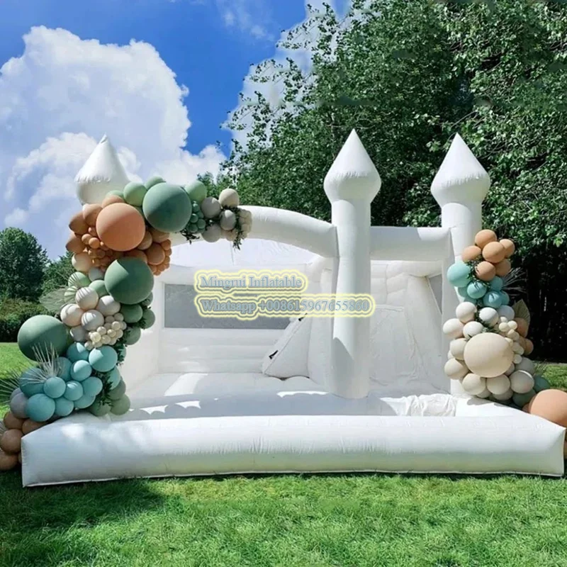 3 in1 Inflatable White Bounce House Castle with Slide, Ball Pit PVC Giant Jumper Bouncy Castle Wedding Jumping Bed for Party