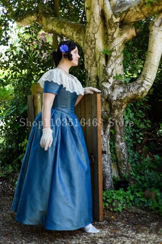 Blue Prom Dress Custom Historic Medieval Dress Prior Attire Designed 1845 Evening Renaissance Corset Corset Corset Satin Gown