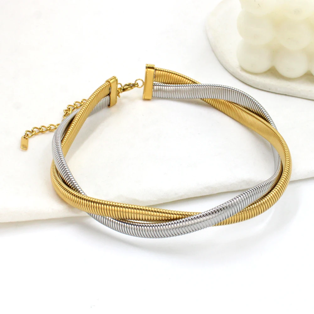 USENSET 8mm 2 Layers Twisted Spiral Stainless Steel Jewelry Set Aesthetic Golden Neck Wrist Accessories Rust Proof