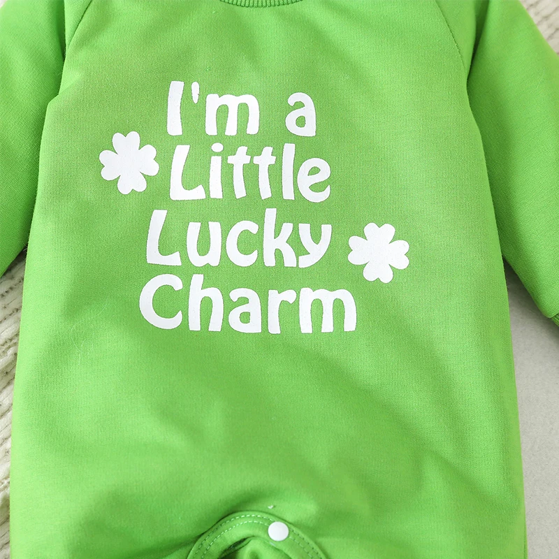 St Patrick s Day Infant Bodysuit Cute Clover Patterned  Outfit Toddler Jumpsuit Irish Festival Costume