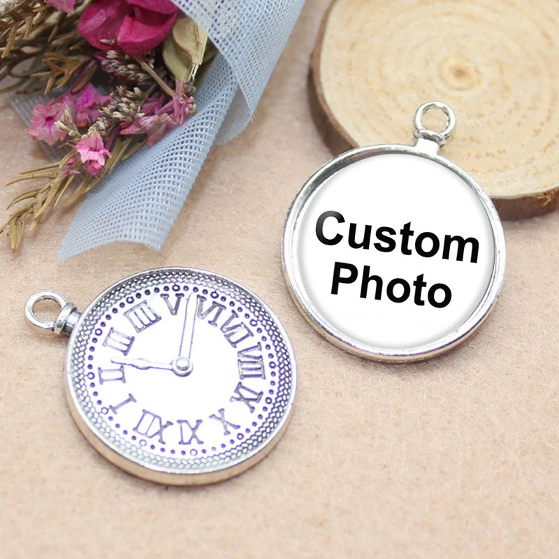 Clock Back Personalized Photo Custom pictures 25mm cabochon Round Pendant Charms silver plated/Bronze necklace DIY Jewelry