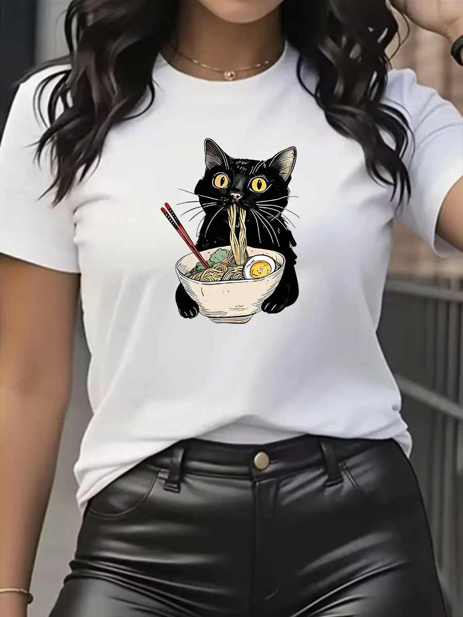 Noodle Ramen Cat T-Shirt Foodie Lover T Shirts Black Cat Noodle T-Shirts Retro Casual Short Sleeve Tshirt for Men Women Clothes