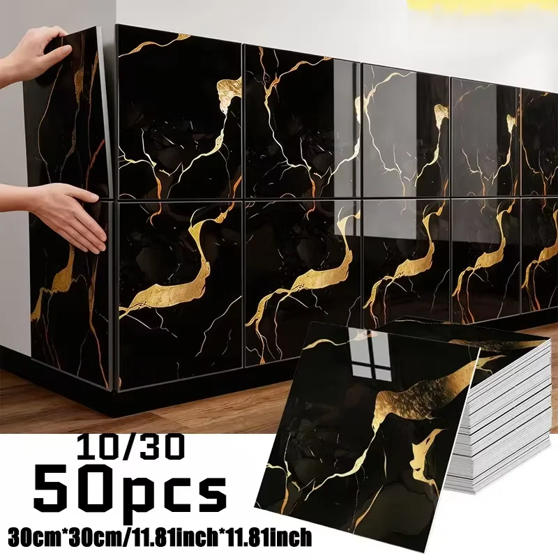 10/30/50PCS Marble Effect PVC Self‑stick Wall Tile Stickers DIY Kitchen Backsplash Bathroom Cabinet Decor Sheets