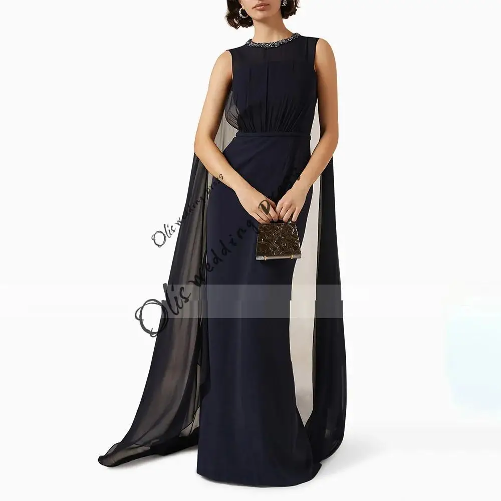 

customized Evening Dress Column Crystal O Neck Draped Chiffon Women's Evening Gowns 2025 Sleeveless Floor Length Prom Dress Long