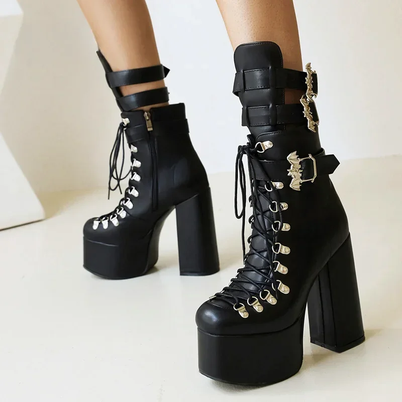 Gothic Style Black Platform Boots Bat Wings Sexy Clube Night Modern Boots Women Mid Calf Ankel Buckle Strap Plus Size 46