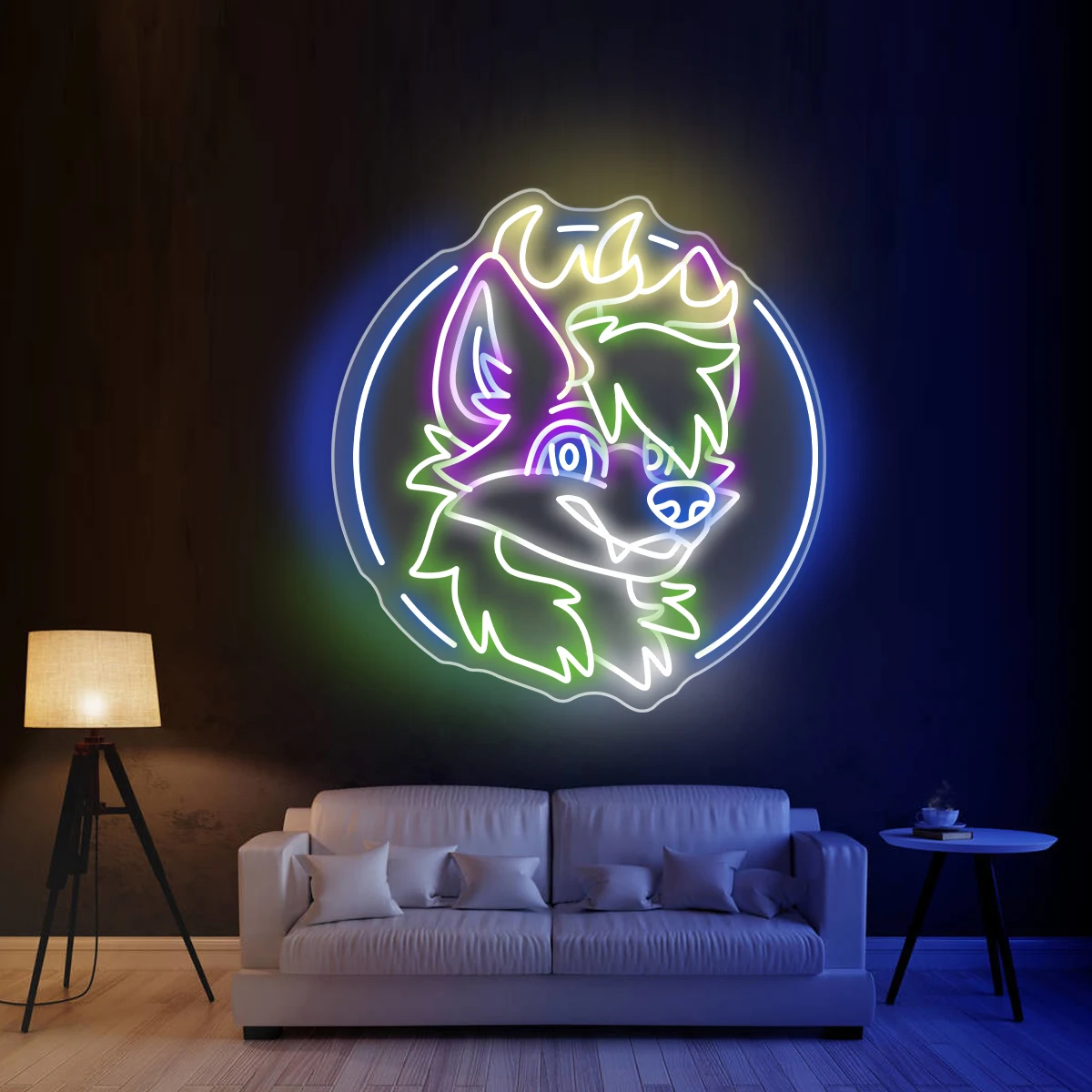 Neón con forma de lobo de dibujos animados hecho a medida para la habitación del niño, decoración fresca, fiesta, ambiente festivo, luces de neón, crear ambiente