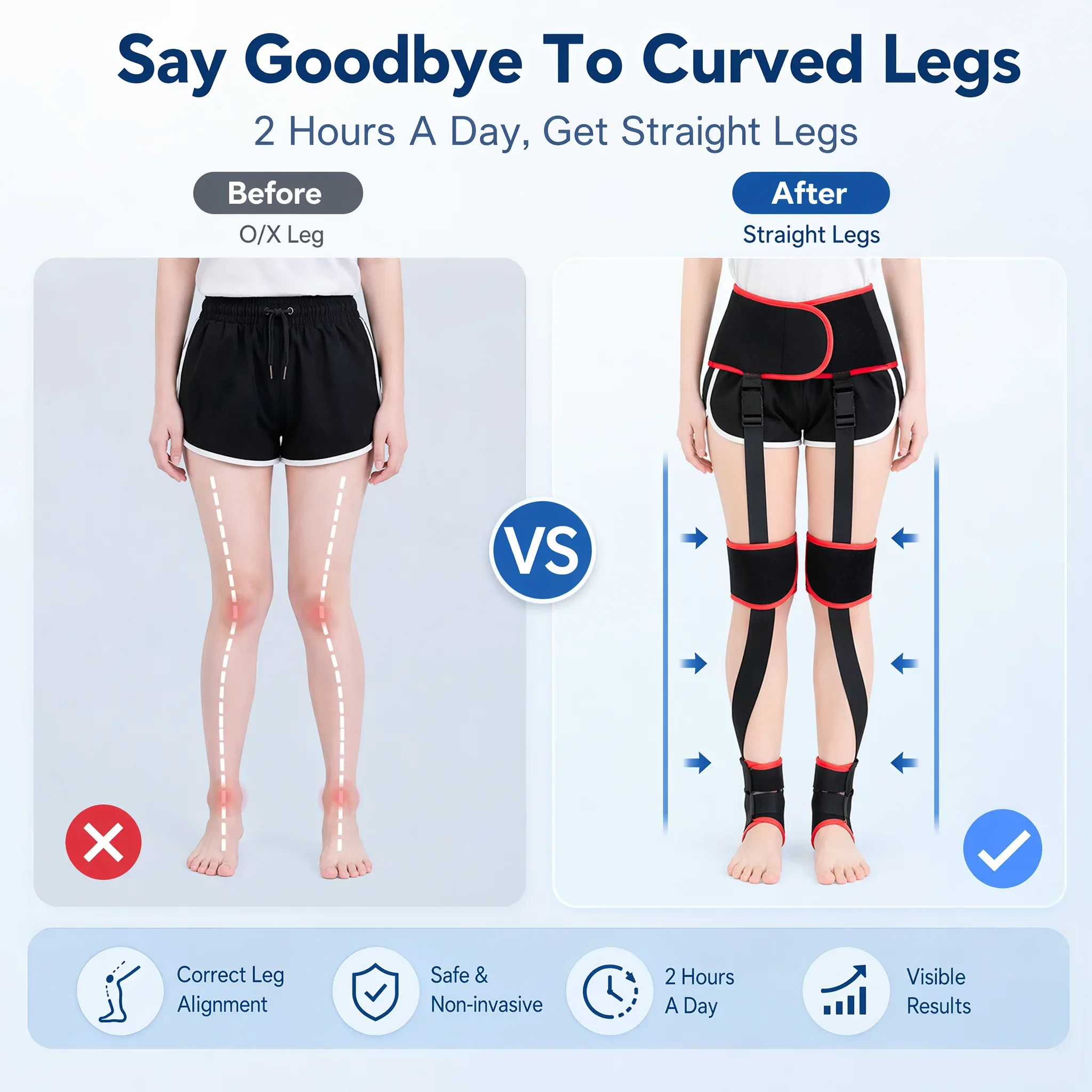 Leg Correction Belt for O/X/XO Bow Leg, Dual Mode Adjustable Posture Straightener, Day Night Wear Soft Elastic Leg Shaper for Ki