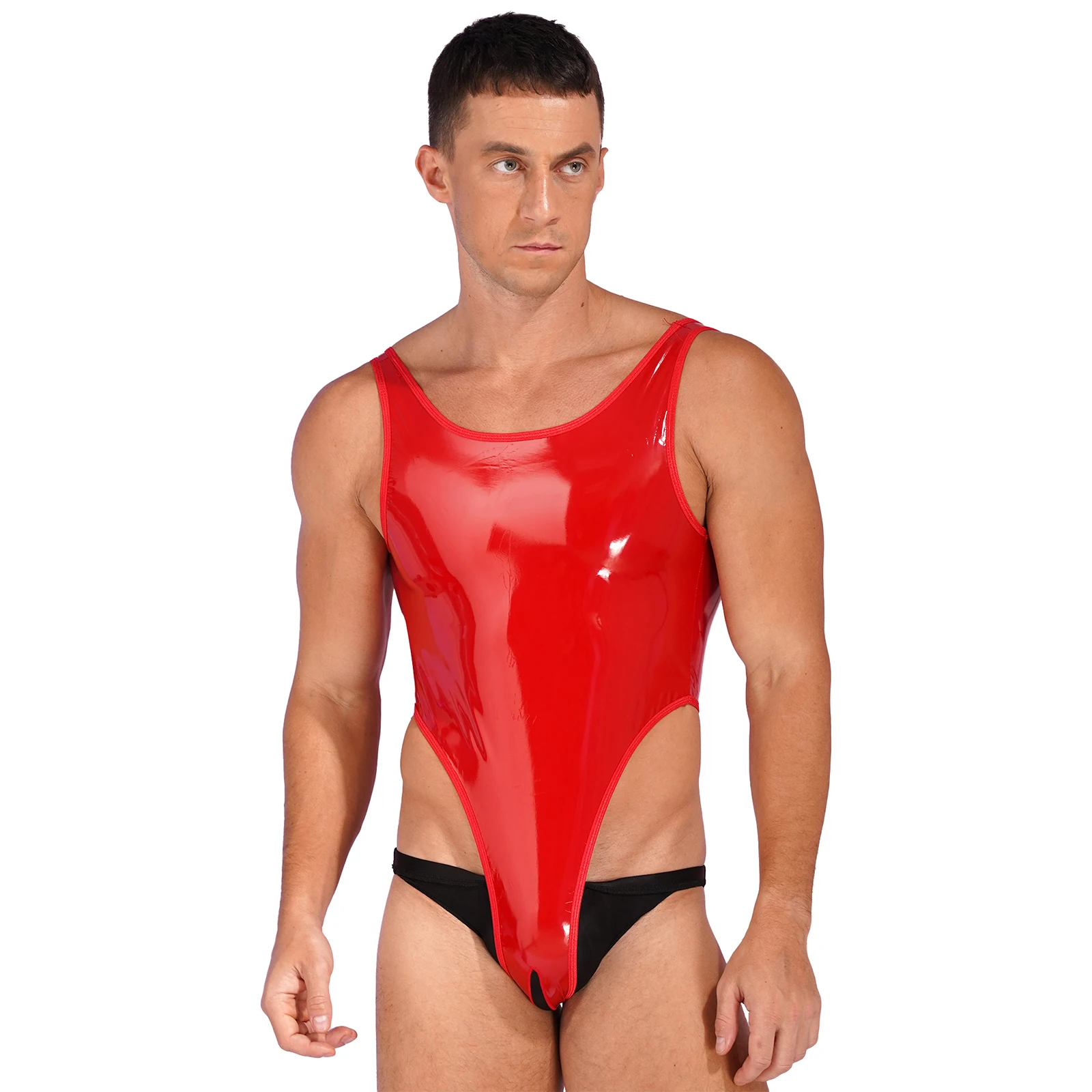 Mens High Cut Crotchless Patent Leather Bodysuit Wet Look Backless Sleeveless Leotard Club Dance Performance Catsuit