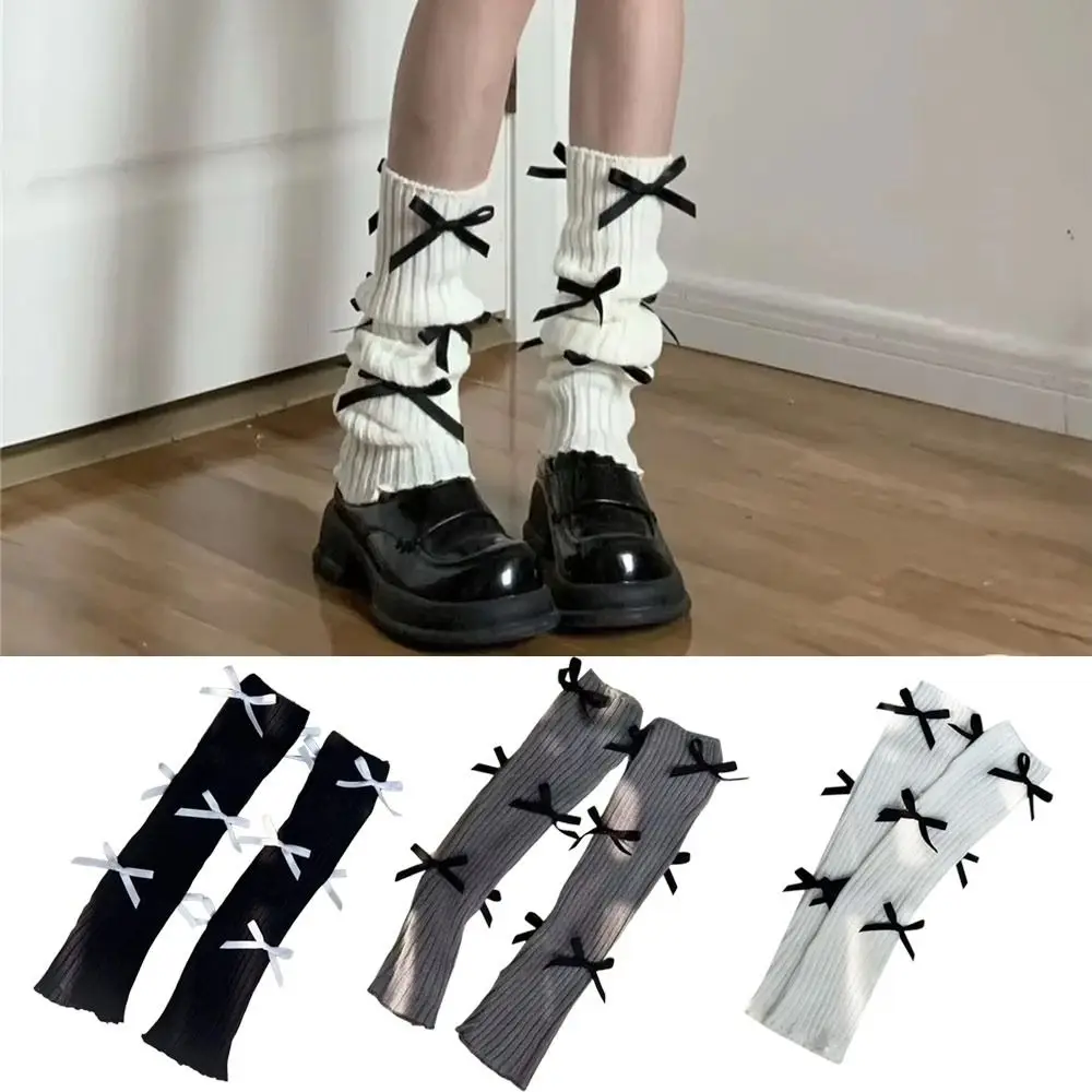 Scaldamuscoli lavorati a maglia con nodo a fiocco casual 40 cm Copri piedi con trama lavorata a maglia Calzini termici bianchi neri lavorati a maglia Autunno Inverno