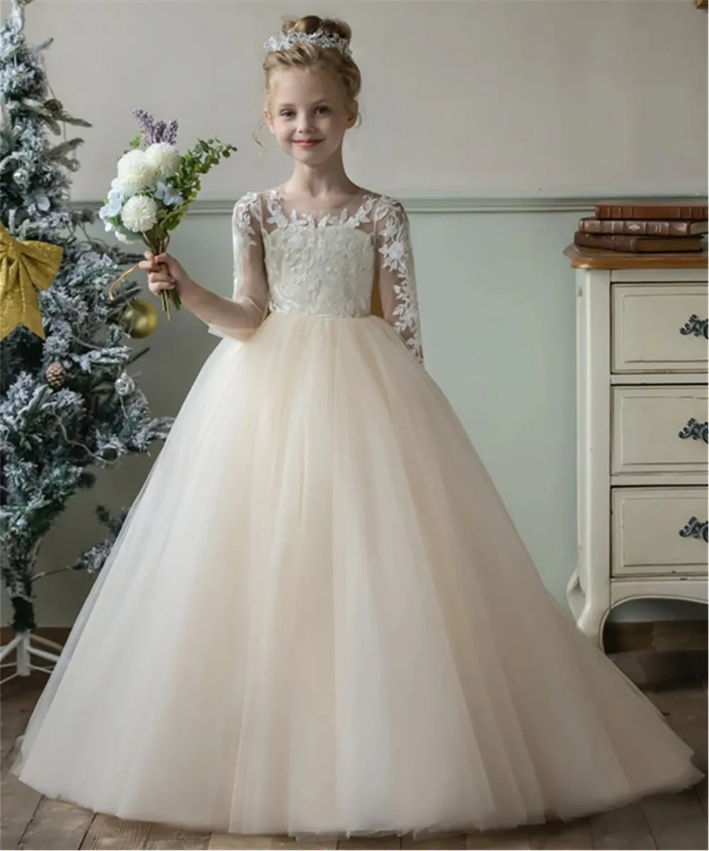

Customized Elegant Flower Girl Wedding Dress Applique Lace Tulle Full Sleeves With Bow Princess Birthday Party Communion Gown