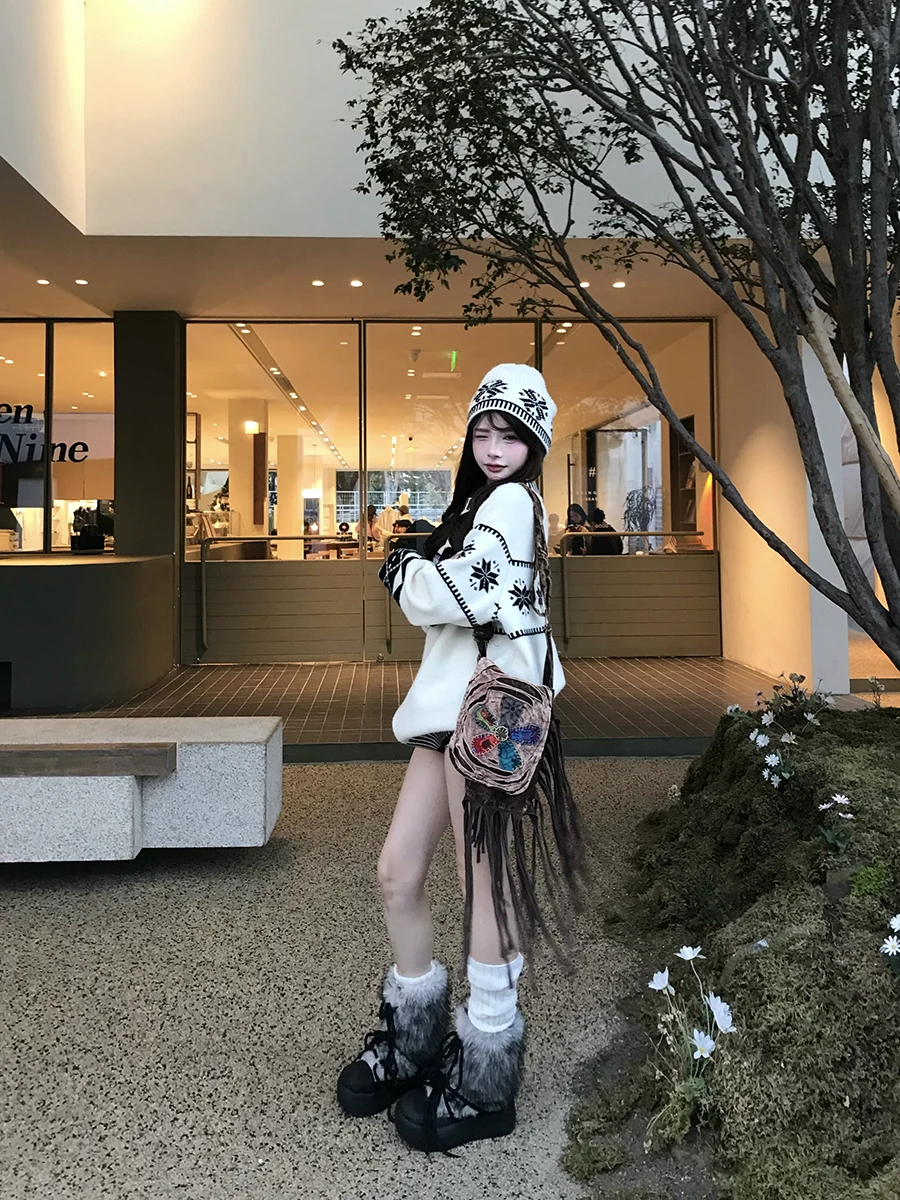 

Women's Mid-Length Thiened Long-Sve Knitted Sweater Fair Isle Sle Autumn Winter Loose Fit Comfortable Inner Wear Top