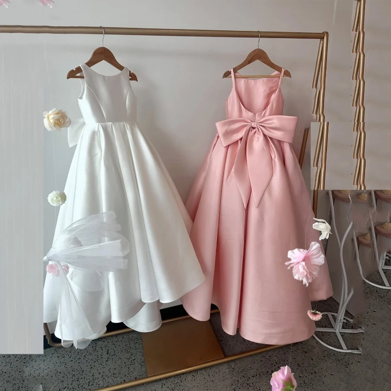 Children New Host Long Dress Kids Piano Performance Cute Satin  Violin Wedding Flower Girl CostumeElegant Princess Model Runway