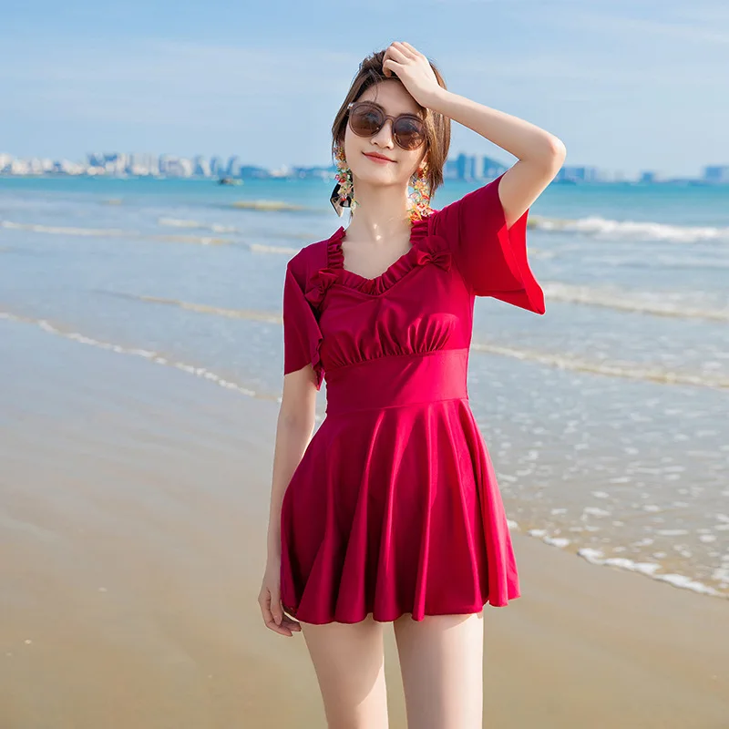 Damskie stroje kąpielowe z krótkim rękawem dwuczęściowy strój kąpielowy ze spódnicą Tankini Plus rozmiar Maillot De Bain 2 sztuka Femme Taille Haute