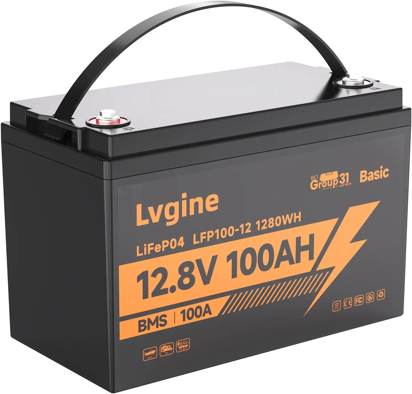 

12V 100Ah LiFePO4 Lithium Battery, 15000+ Deep Cycles, 100A BMS Group 31 1280Wh Rechargeable Lithium Iron Phosphate Battery for