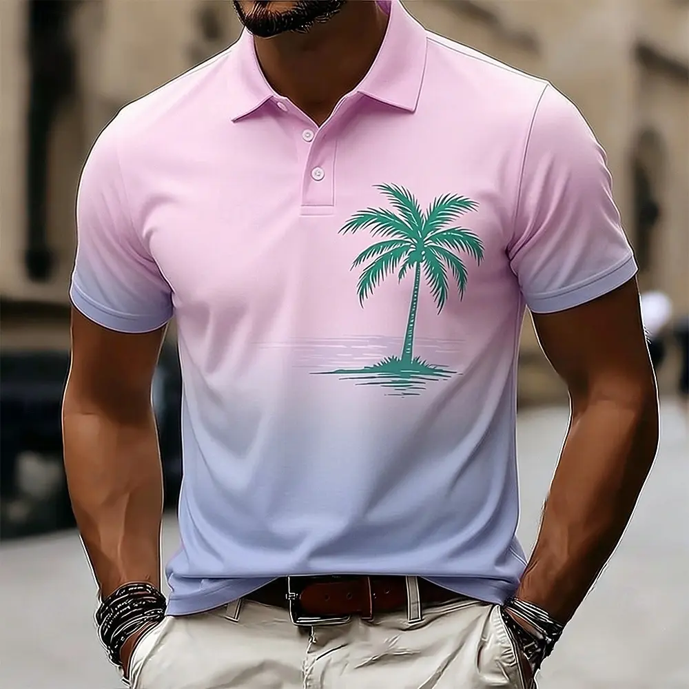 Men's Pink Blue Gradient Palm Tree Print Polo Shirt, Casual Tops For Spring Summer Daily Streetwear Beach Vacation Occasions