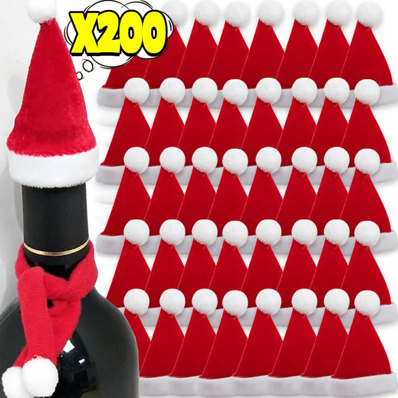 

200/2Pcs Velvet Mini Santa Hats Christmas Wine Bottle Cover Party Dinner Tableware Holder Lollipop Caps Bag Knives Forks Pocket