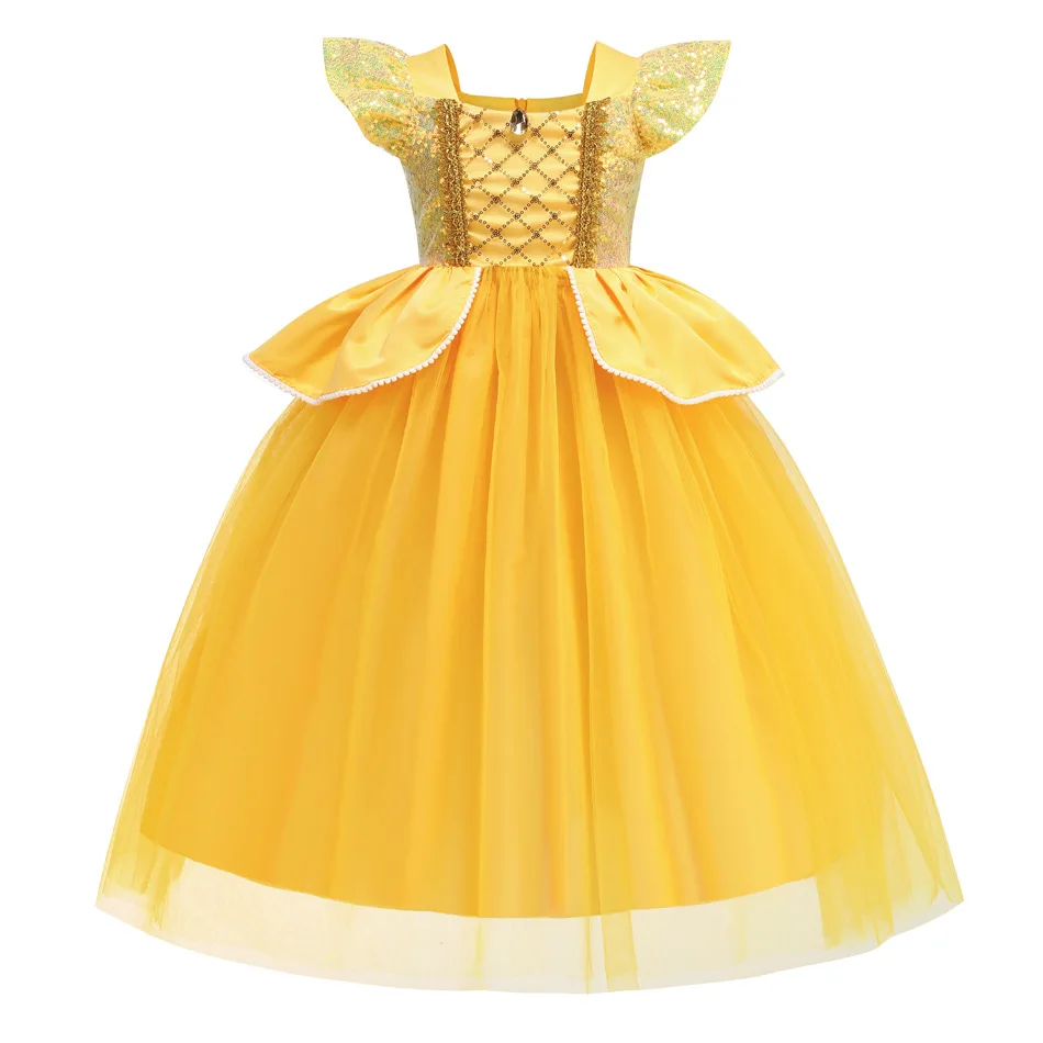 Disfraz de Carnaval para niñas, traje de princesa amarillo de bella para fiesta de cumpleaños, juego de rol, Halloween, 2024