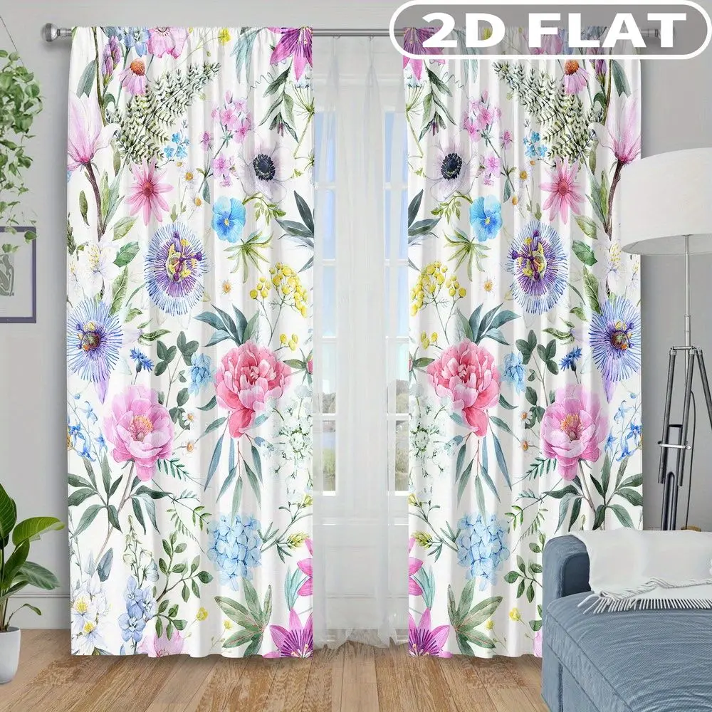 

2D FLAT 2pcs Curtains Floral Watercolor Pink Blue Green Perfect for Balcony, Bedroom, Living Room, Suitable for 4 Seasons