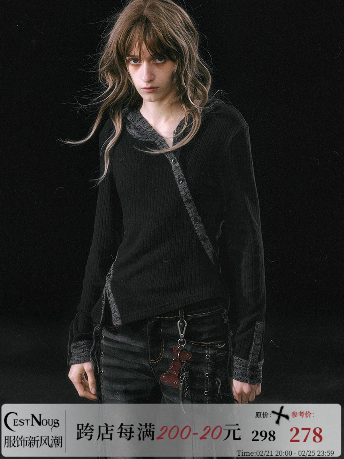 IMU CestNous Original Women Black Grey Color Patch Knitted Hooded Shirt Long Sleeve Casual Subculture Asymmetic Tshirt Tops Spri