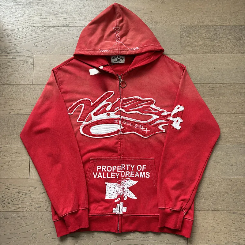 VALE FOREVER Patch Embroidered Letter Distressed Wash Hoodie, Loose Casual Zip Up Hooded Jacket
