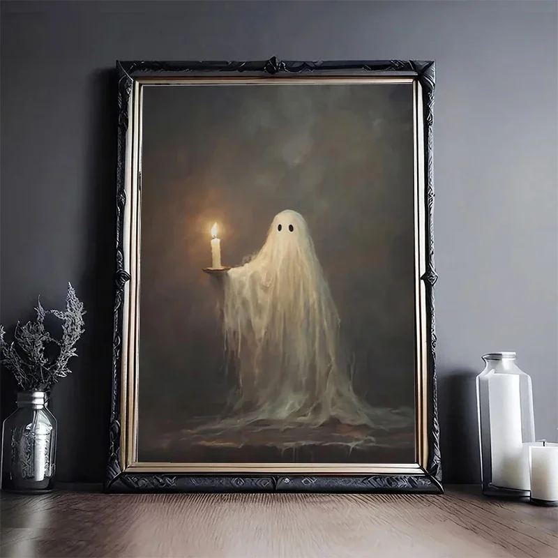 Vintage Square Ghost Candlelight Canvas Poster Spooky Halloween Night Wall Art Home Living Room Party Decoration Painting