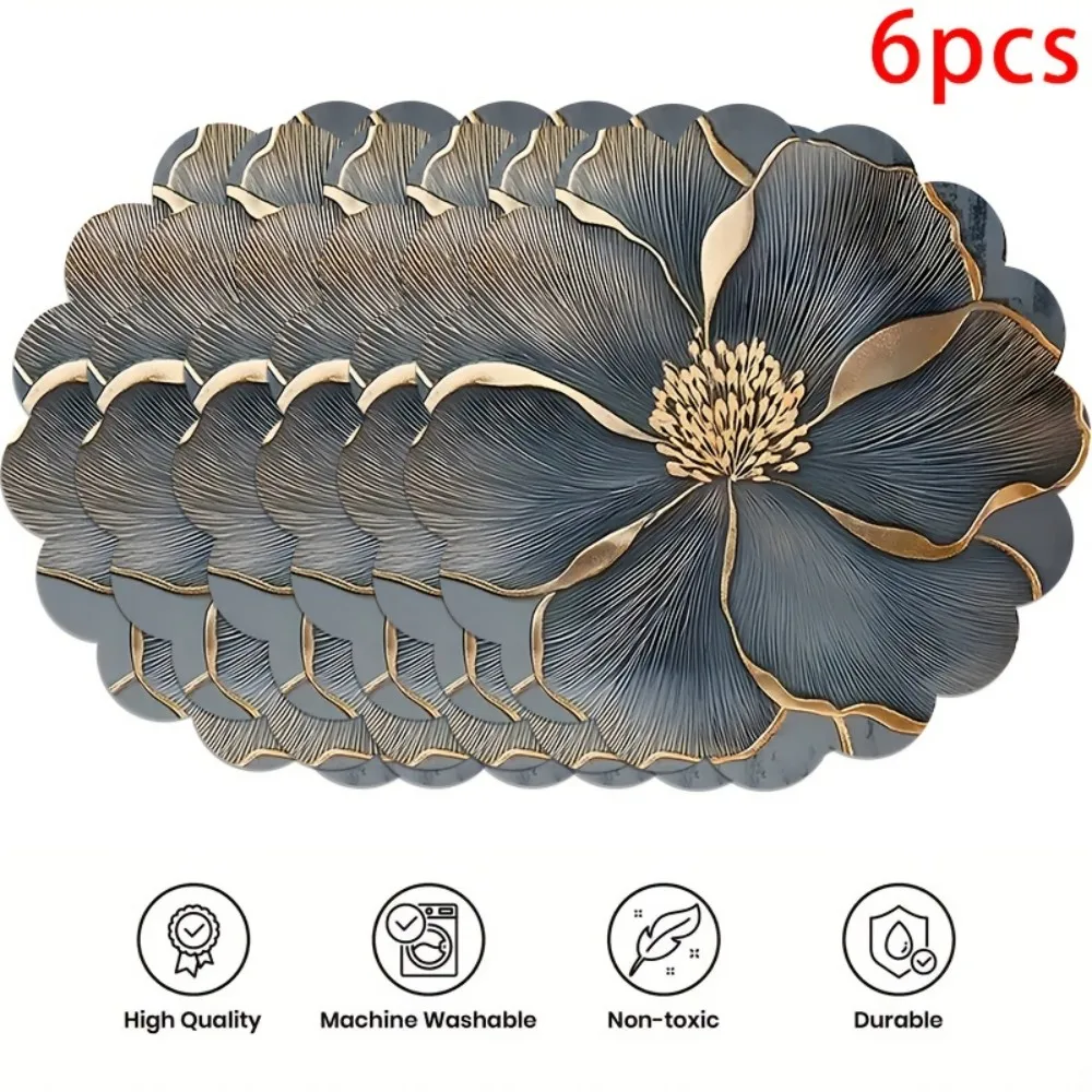 VIKAMA 6-Piece Round Placemat Set, Non-Slip Table Mats, Floral Placemats for Dining Tables, Kitchens, and Home Decor