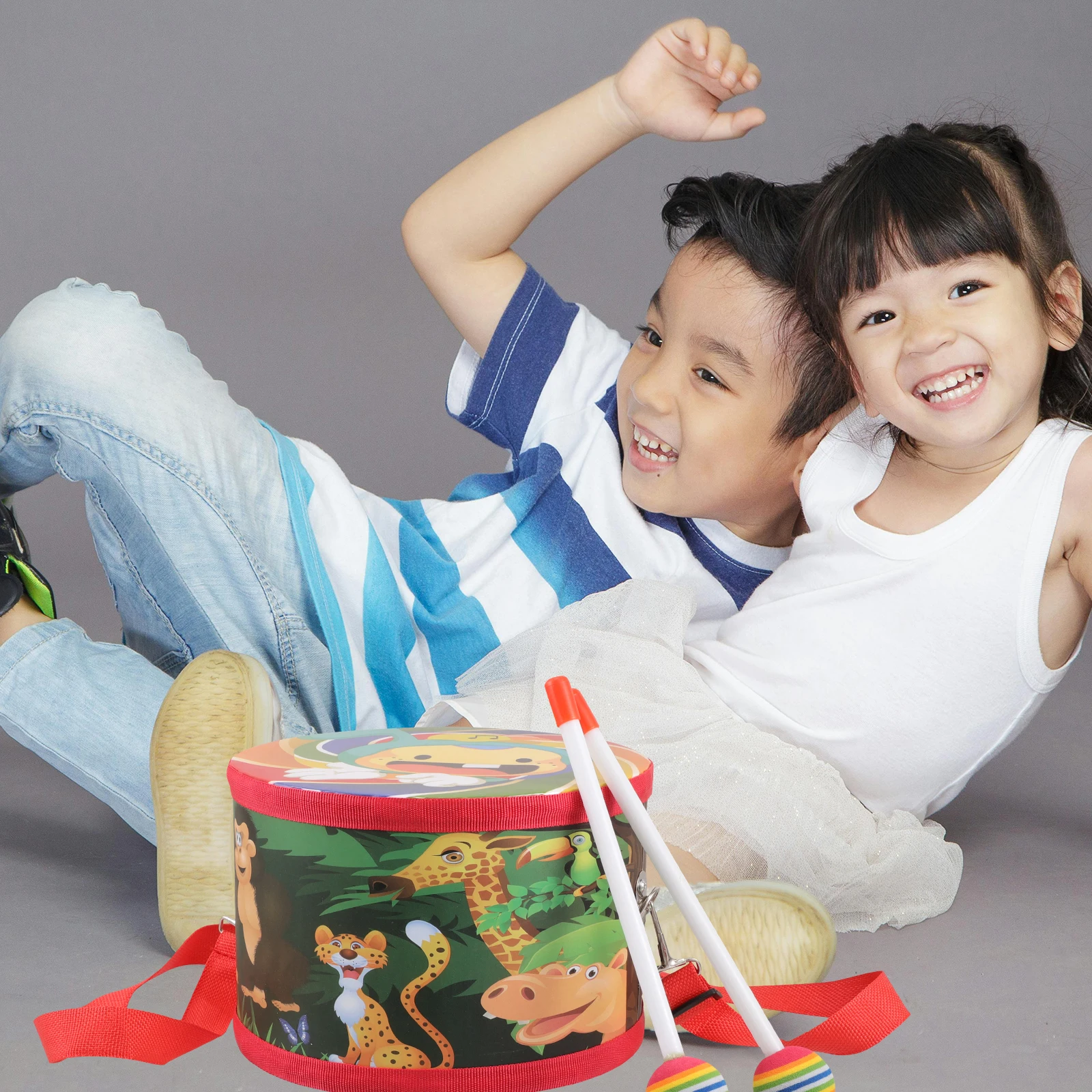 

Children's Percussion Instrument Musical Drum Hand Drums for Kids Cartoon Adjustable Strap Toy Wood