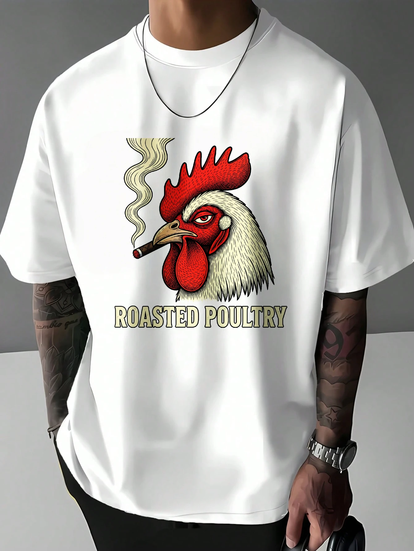 Mens Retro Rooster T Shirt Roasted Poultry Cigar Animal Graphic Print Short Sleeve Crew Neck Casual Cotton Male Fashion Tee