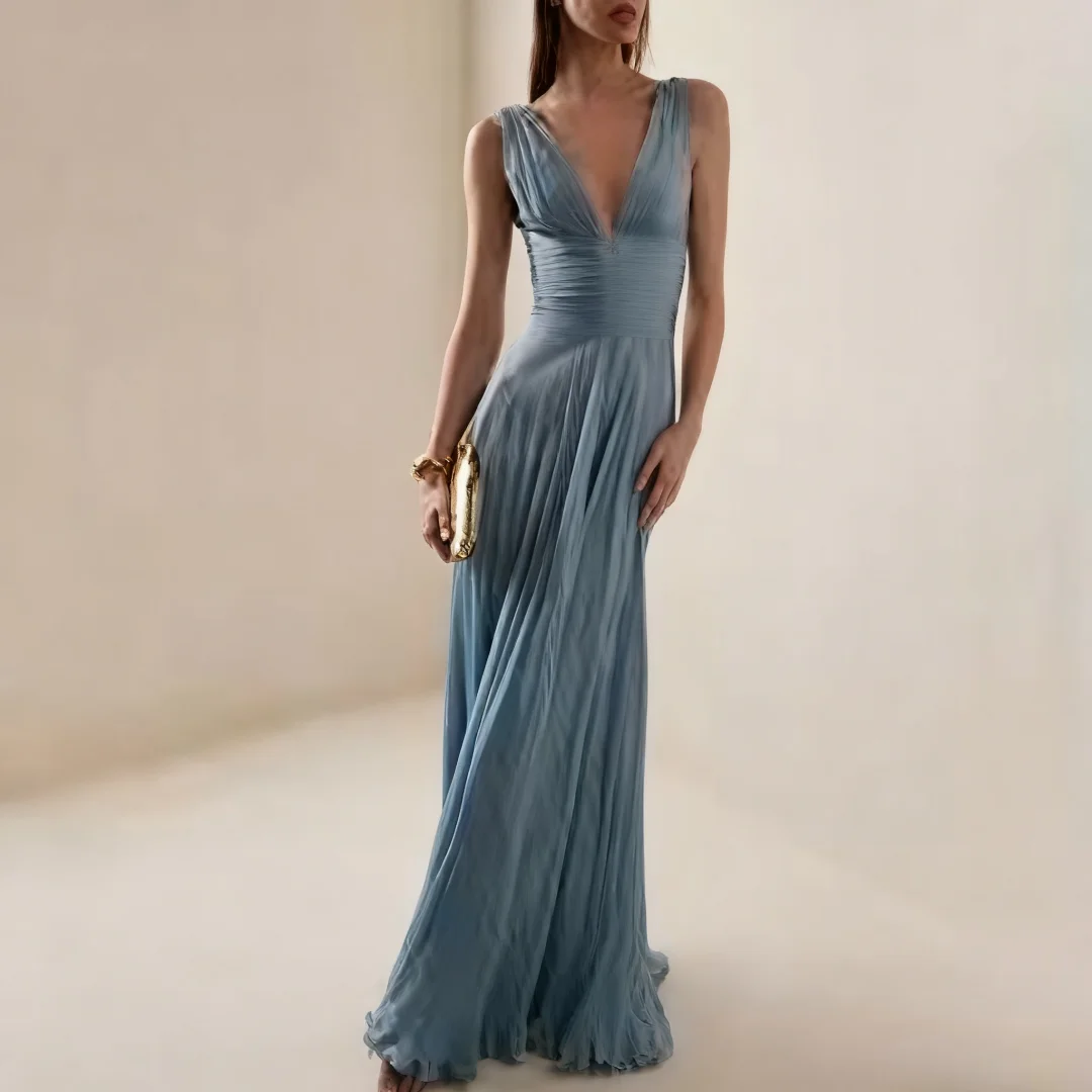 

Customized Spaghetti Strap Deep V-Neck Pleat Prom Dress formal evening dresses birthday party prom gowns for women