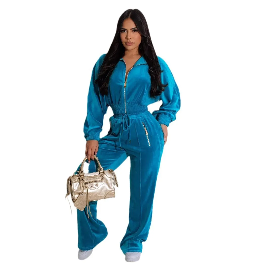 

Женский наряд Уютный толстый кардиган на молнии с длинными рукавами из двух предметов, повседневный теплый вязаный брючный костюм с высокой талией, облегающая домашняя одежда на молнии спереди