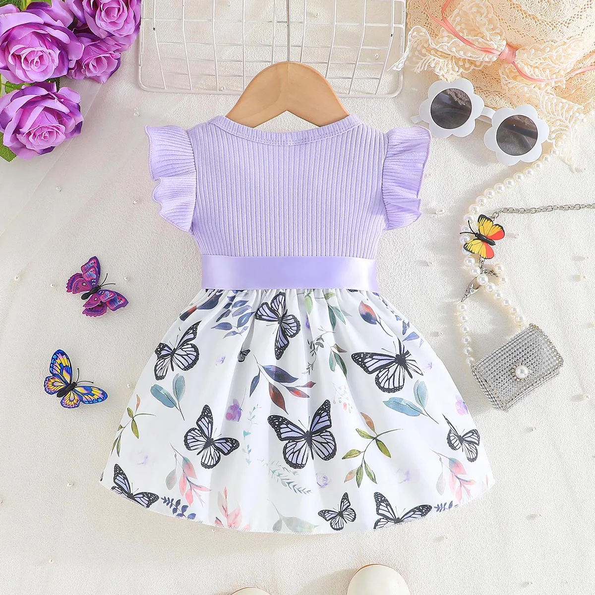 Dress For Kids 6-36 Months Cotton Ruffle Sleeve Cute Butterfly Floral Summer Princess Formal Dresses Ootd For Newborn Baby Girl