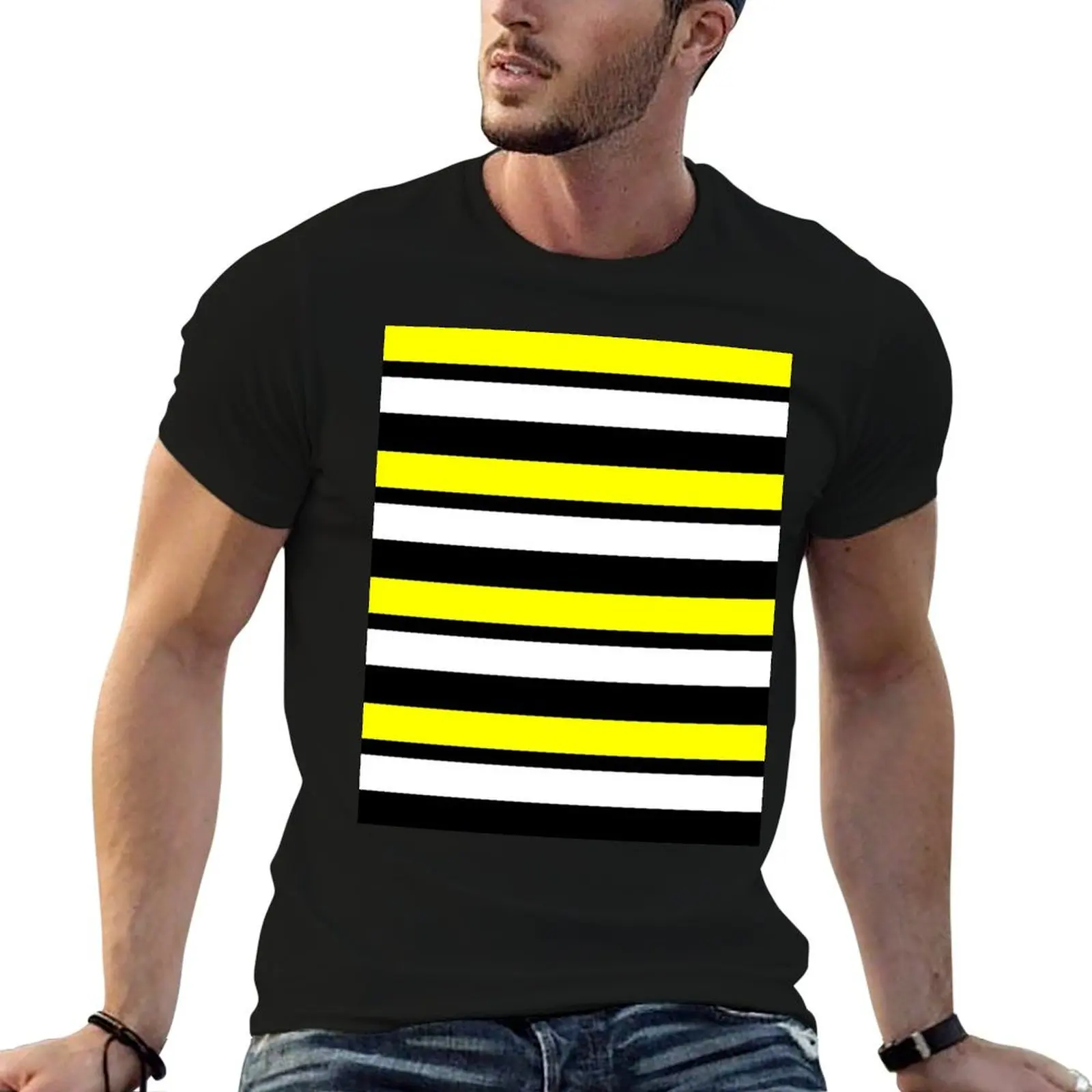 Camiseta amarilla blanca y negra a rayas horizontalmente, camisetas divertidas, camiseta para hombre, camiseta lisa para hombre