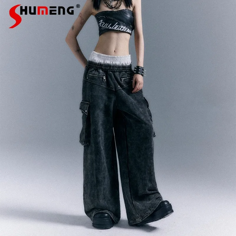 

New American Retro Original Street Punk Pants Heavy Industry Washed 3D Pocket Double Waist Sweatpants Wide Leg Casual Trousers