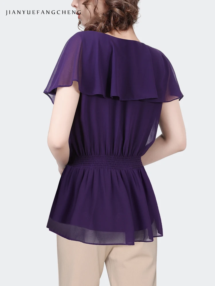 Luxury Diamond-studded Purple Chiffon Blouse Women Summer Short Sleeve V-Neck Ruffles Tops Elegant Slim Female Small Shirts