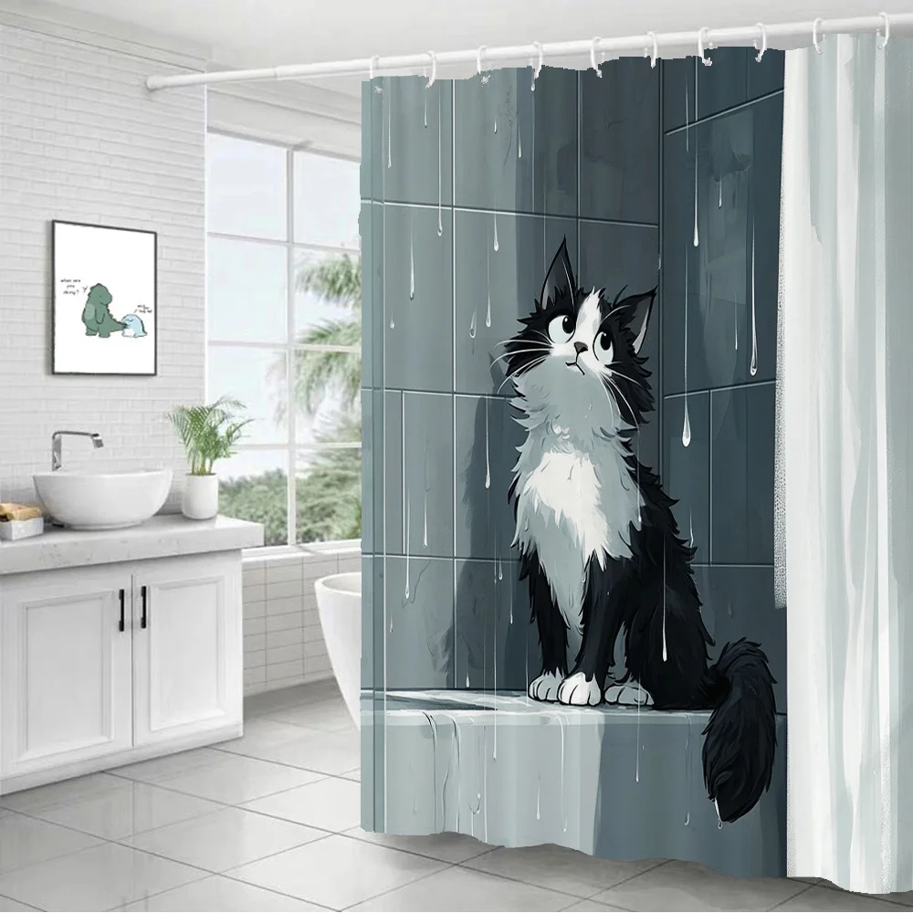 Cute Tuxedo Black White Cat Shower Curtain Polyester Digital Printing Adorable Fluffy Kitty Sitting On Shower Bench With Water