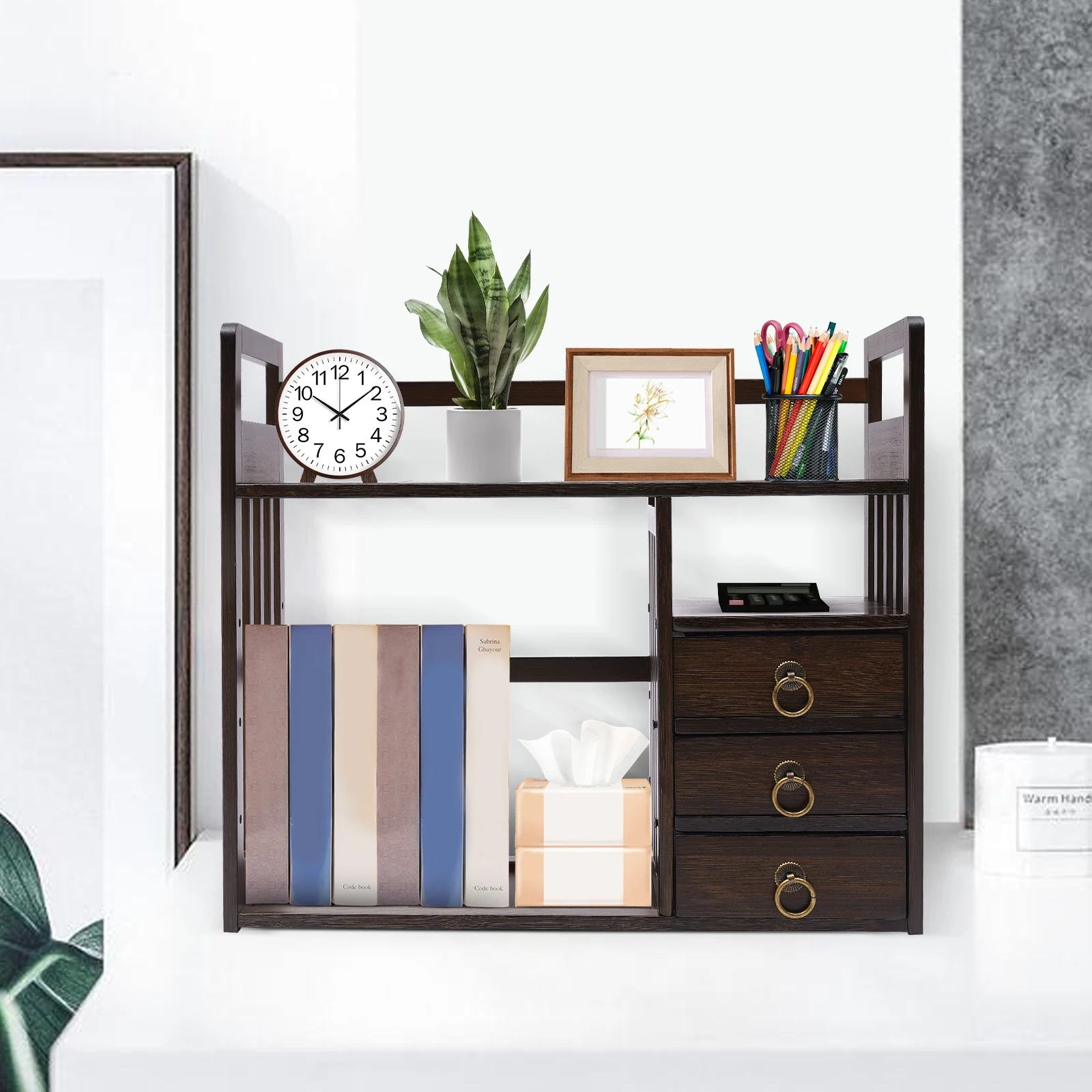 رف كتب لسطح المكتب من الخيزران، منظم للأدراج مكون من 3 طبقات، تصميم قديم، قدرة تحمل قوية