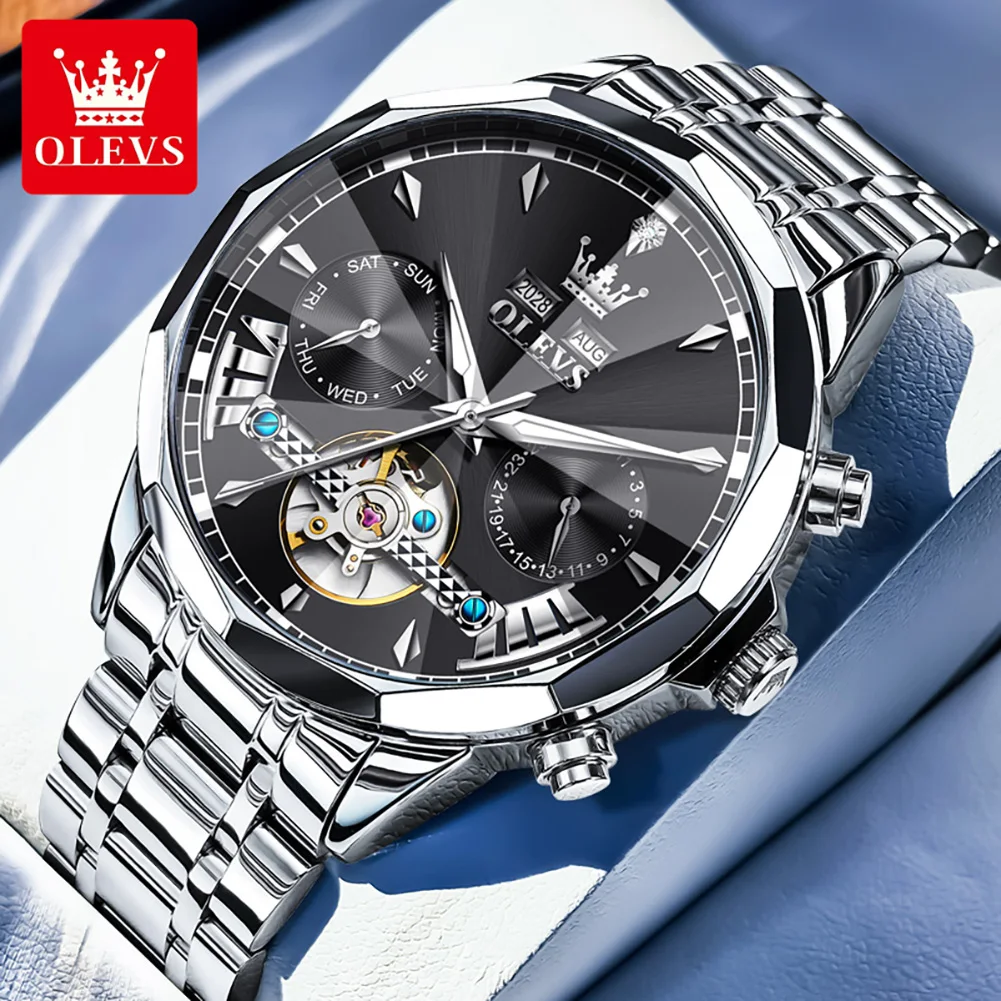 

OLEVS Brand New High-end Mechanical Watch Stainless Steel Waterproof Calendar Business Mens Watches Automatic Tourbillon Watches