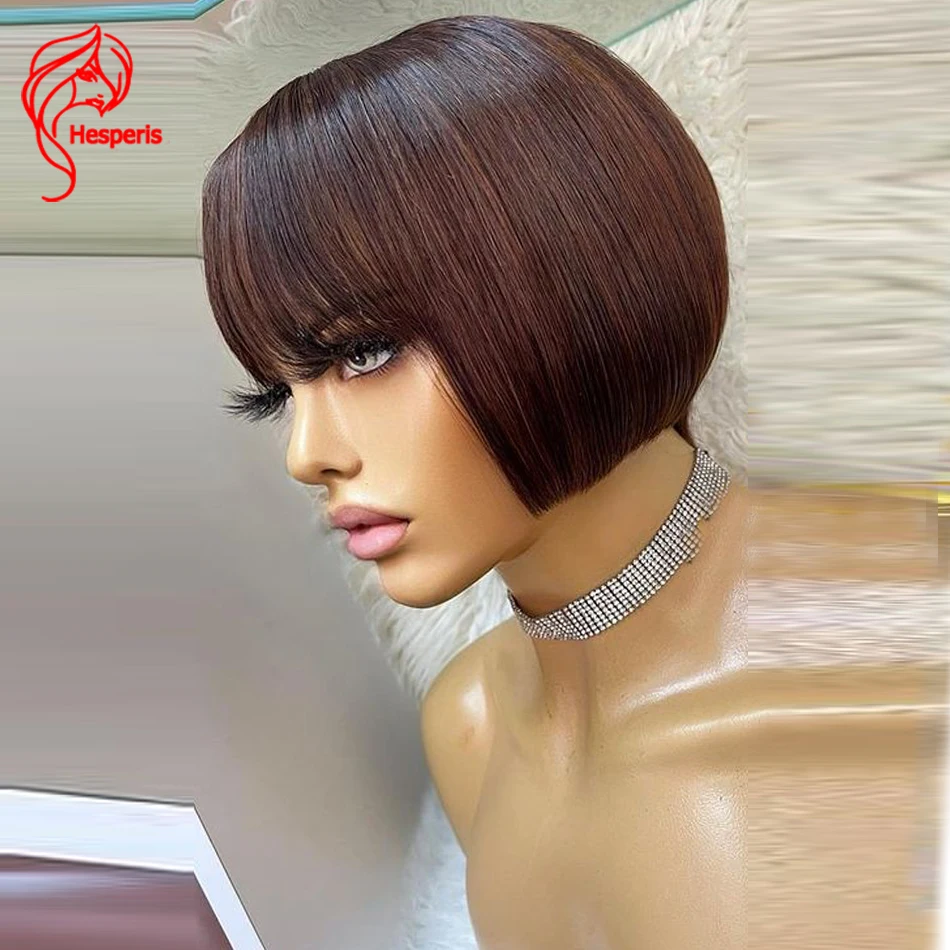 Hesperis-Peruca de Cabelo Curto Bob Humano com Franja, Corte Pixie, Marrom Colorido, Máquina Completa Feita, Brasileiro, Remy