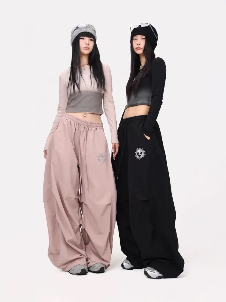 

HOUZHOU Y2k Graphic Women Parachute Pants Pink Harajuku Hip Hop Style Oversized Trousers Pleated Wide Leg Pants Black Streetwear
