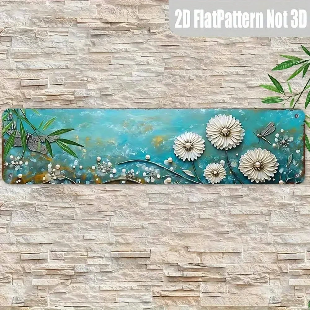 2D Flat, 1 Piece Vintage Glitter Wall Hanging Decorative Plaque - Blue and Gold Floral Dragonfly Glitter Forged Aluminum Wall Hanging Decorative Plaque
