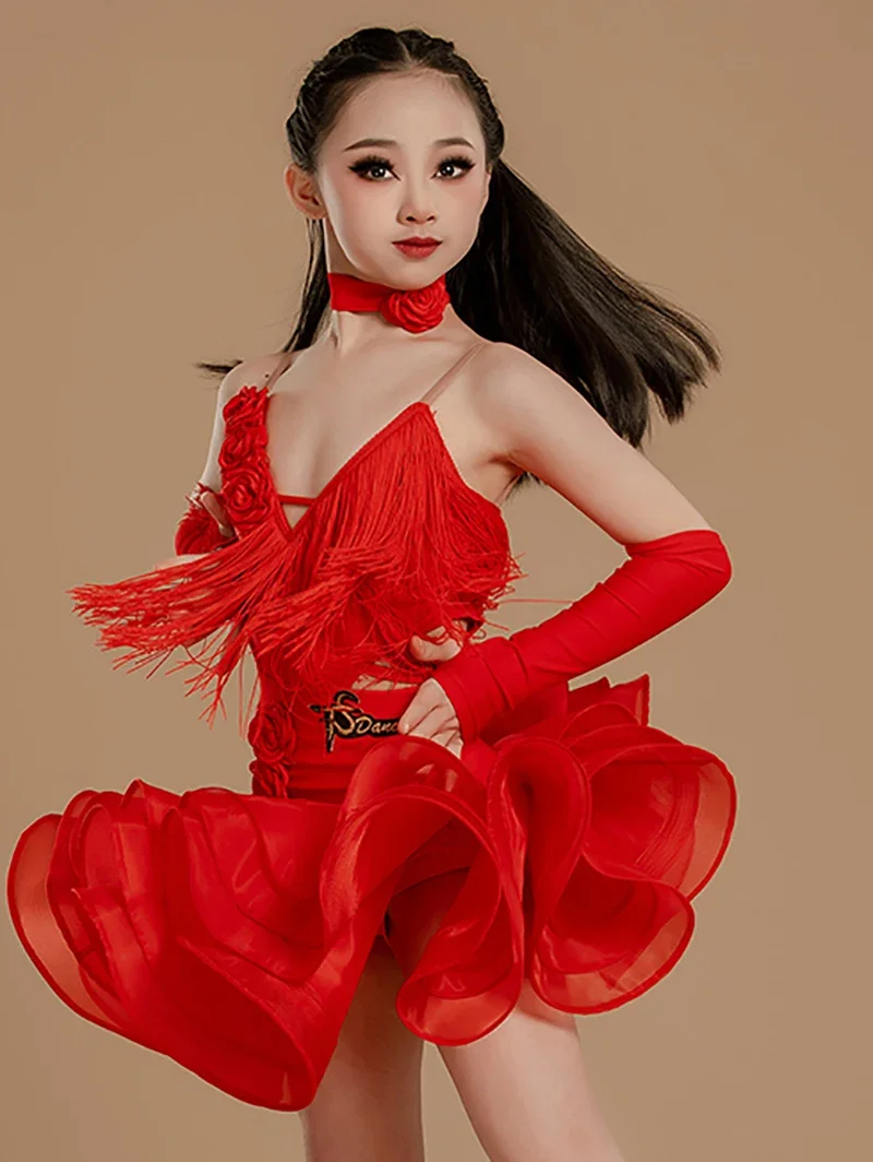 Costumi di danza latina Bambini Ragazze Sala da ballo Concorso Dancewear Halter Backless Fiori Nappe Tuta e grandi gonne altalena