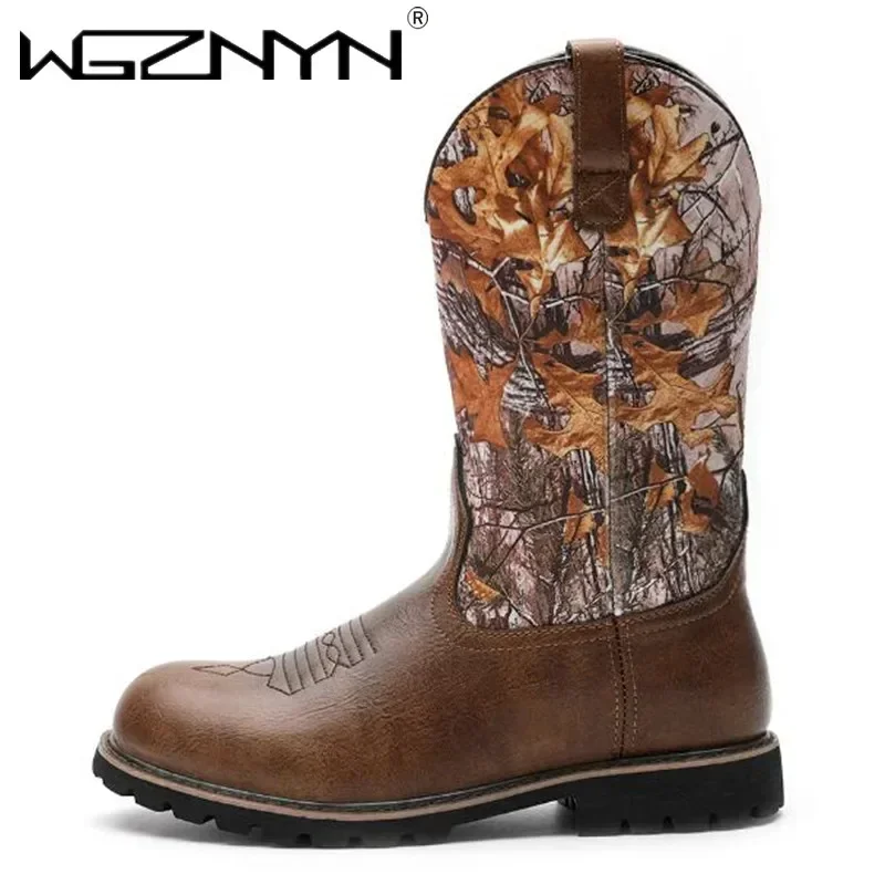 

Fashion Designer Cowboy Boots Vintage Men's Knight Snow Boots Big Size Motorcycle Overshoes Men Slip-on Embroidery Process Shoes