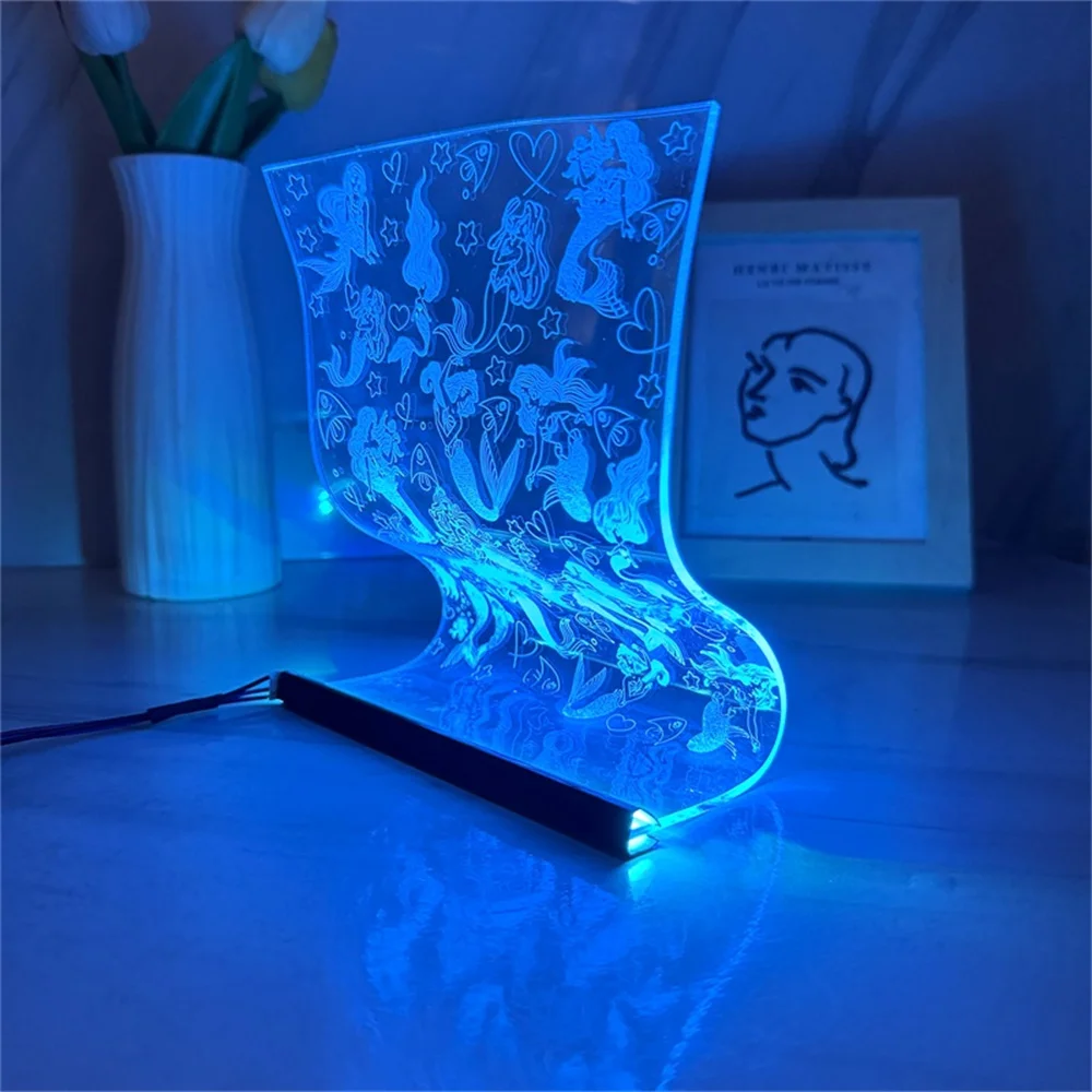 LED Scroll Lamp Mermaid 3D Atmosphere Mood Light Sea Series Acrylic Night Lamps Popular Cartoon Art Decor Lamp 3/7 Colors Remote