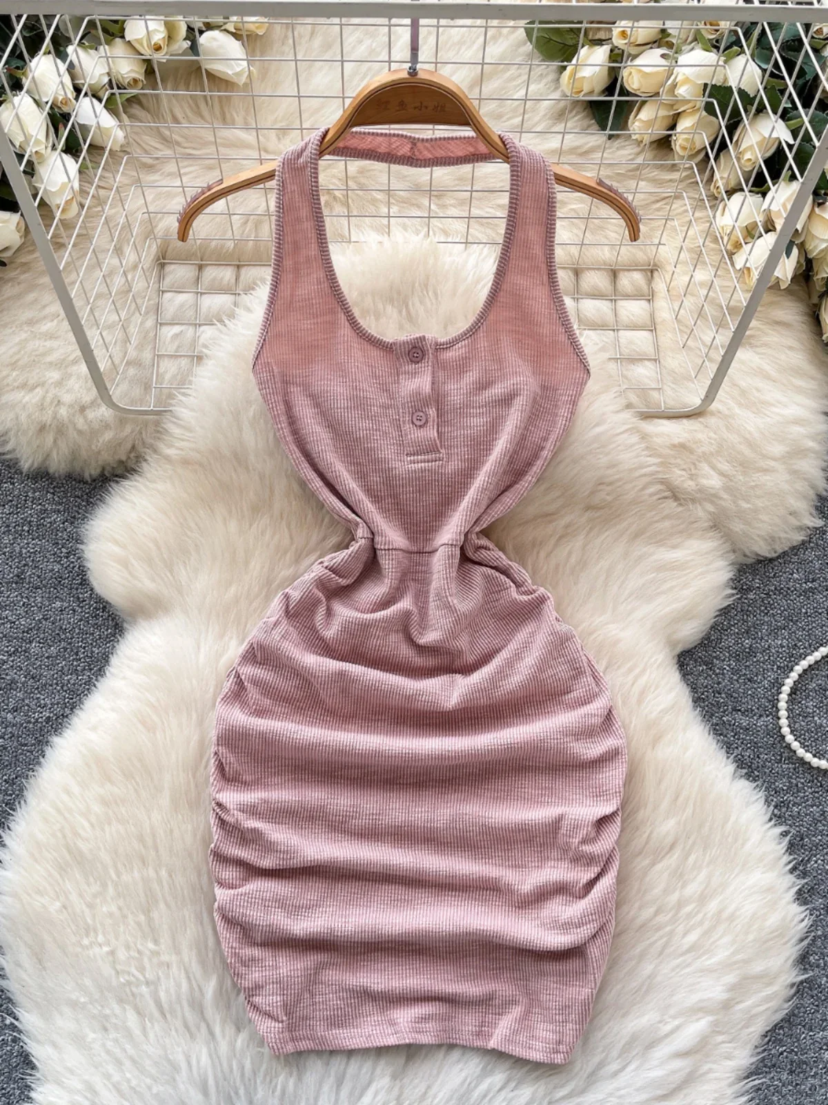 

Foamlina Pure Desire Hottie Sexy Neck Slim Knitted Dress Women's French Scheming Pleated Waist Hip Soft Mini Short Dress
