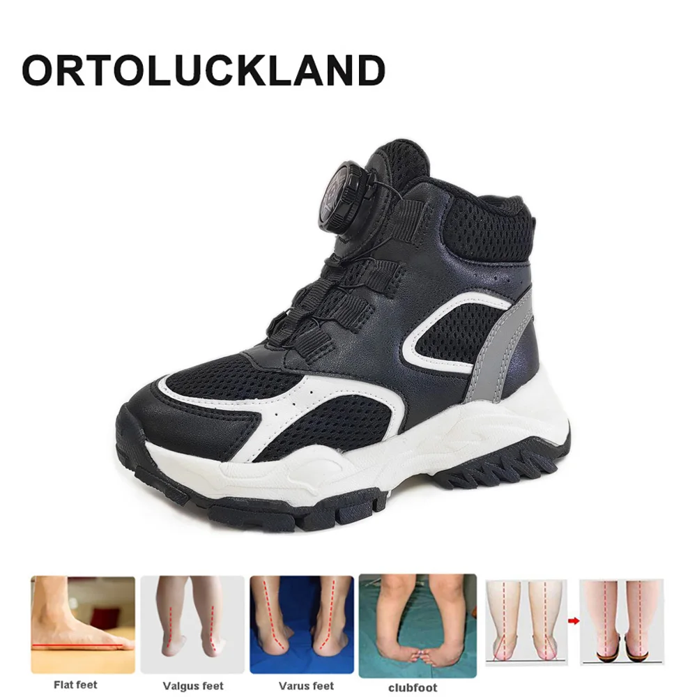 

Ortoluckland/детская школьная обувь, детские ортопедические кроссовки с кожаной сеткой, модные черные ботинки с регулируемой резинкой для мальчиков и девочек