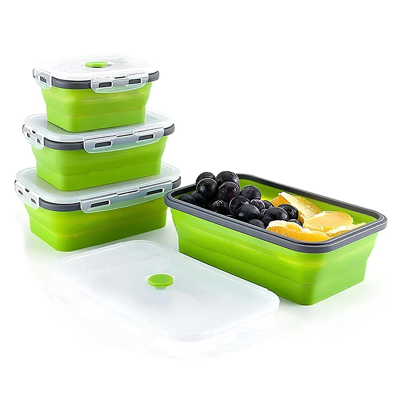Contenedor de almacenamiento de alimentos plegables de silicona con tapa, caja de almuerzo, caja de almuerzo, vajilla de cocina y refrigerador de microondas