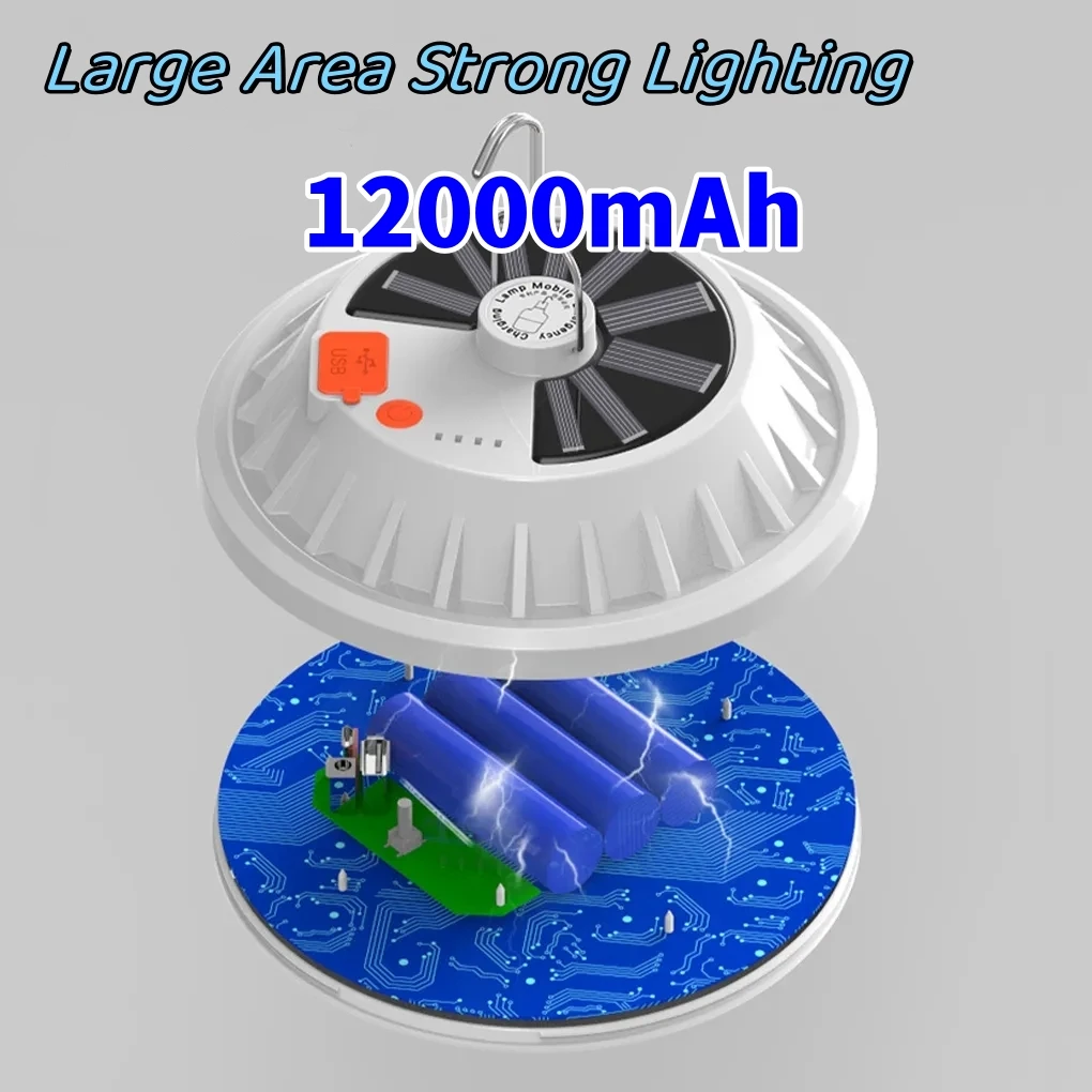 New 12000mAh Camping Lights Tent Lamp Solar LED Rechargeable Portable Lanterns Battery Lamp Outdoor Emergency Camping Lantern